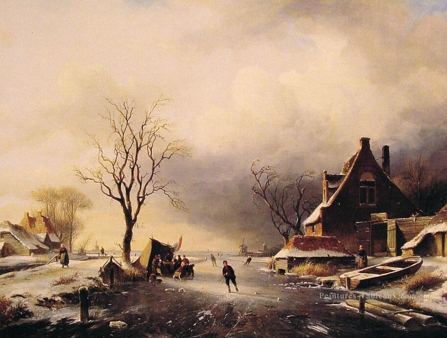 Scène d’hiver avec des patineurs paysage Charles Leickert Peintures à l'huile